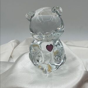 Fenton Clear Glass Birthday Bear figurine/paperweight, with Amethyst Heart.